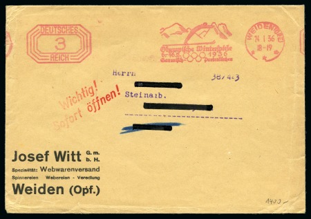 Stamp of Olympics » 1936 Garmisch-Partenkirchen 1936 (Jan 24) "Olympische Winterspiele / 6-16.2. 1936 / Garmisch-Partenkirchen" slogan 3pf Weiden machine frank