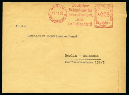 Stamp of Olympics » 1936 Berlin » Special Postmarks 1936 (Nov 11) "Deutscher Reichsbund for Leibesübungen" slogan machine frank