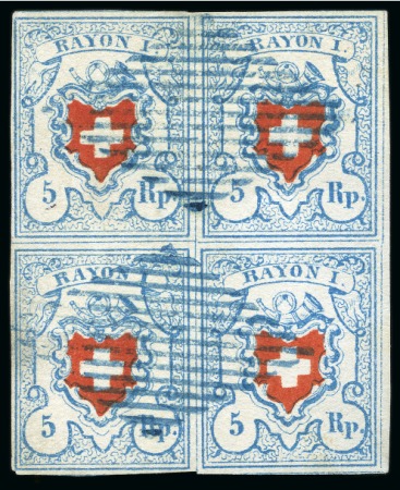 Stamp of Switzerland / Schweiz » Rayonmarken » Rayon I, hellblau, ohne KE (STEIN C2) Typen 15+16 und 23+24 C2/RU als VIERERBLOCK, farbfrisch