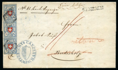 Stamp of Switzerland / Schweiz » Rayonmarken » Rayon I, hellblau, ohne KE (STEIN C2) Typen 7+15+23 C2/RU als senkr. Dreierstreifen, farbfrisch