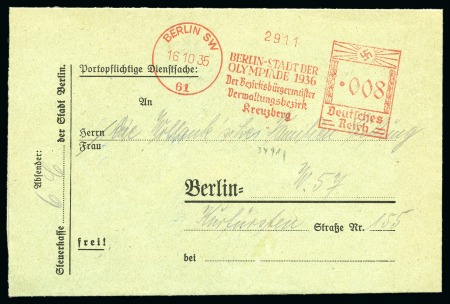 Stamp of Olympics » 1936 Berlin » Special Postmarks 1935 "BERLIN-STADT DER OLYMPIADE 1936 / Der Bezirksbürgermeister / Verwaltungsbezerk / Kreuzberg" slogan