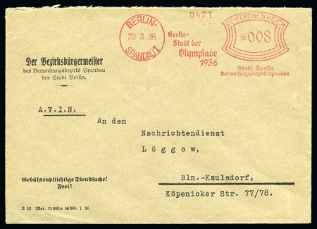Stamp of Olympics » 1936 Berlin » Special Postmarks 1936 (Mar 20) "Berlin - Stadt der Olympiade 1936" Berlin-Spandau slogan machine frank