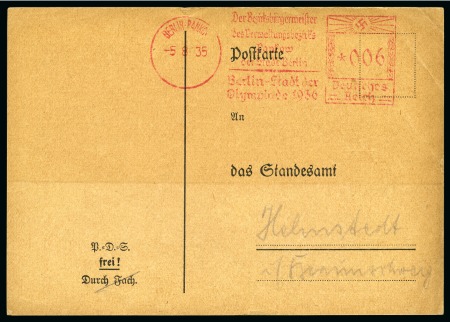 Stamp of Olympics » 1936 Berlin » Special Postmarks 1935 (Aug 5) "Berlin - Stadt der Olympiade 1936" Berlin-Pankow 006pf slogan machine frank