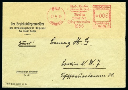 Stamp of Olympics » 1936 Berlin » Special Postmarks 1936 (Apr 30) "Berlin - Stadt der Olympiade 1936" Berlin Weissensee 008pf slogan machine frank