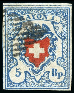 Stamp of Switzerland / Schweiz » Rayonmarken » Rayon I, hellblau, ohne KE (STEIN U) Type 13 U/RU, farbfrisch und gut gerandet, entwertet