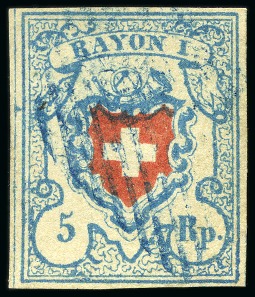 Stamp of Switzerland / Schweiz » Rayonmarken » Rayon I, hellblau, ohne KE (STEIN U) Type 9 U/RO, sauber und breitrandig, entwertet mit