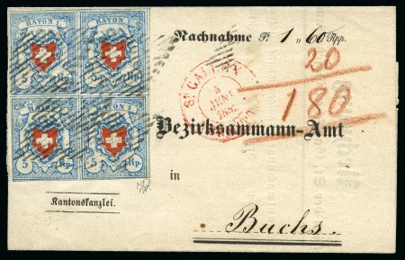Stamp of Switzerland / Schweiz » Rayonmarken » Rayon I, hellblau, ohne KE (STEIN U) Typen 3+4/11+12 U/RU als VIERERBLOCK, farbfrisch und