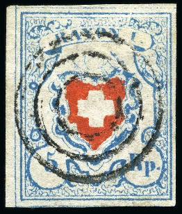Stamp of Switzerland / Schweiz » Rayonmarken » Rayon I, hellblau, ohne KE (STEIN M) Type 9 M/O, farbfrisch und breitrandig mit Bogenrand