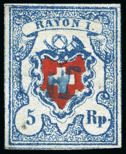 Stamp of Switzerland / Schweiz » Rayonmarken » Rayon I, hellblau, ohne KE (STEIN B2) Type 3 B2/RU, mit KE Spuren und oben versetzter Schnittlinie,