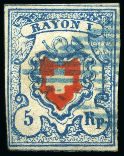 Stamp of Switzerland / Schweiz » Rayonmarken » Rayon I, hellblau, ohne KE (STEIN B3) Type 19 B3/RO, links unten mit Retouche: beim linken