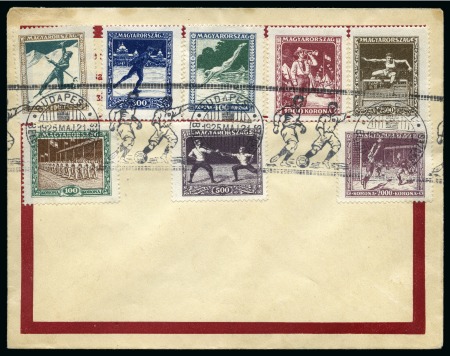 Stamp of Thematics » Sport and Games » Football 1925 Hungary Sports set of 8 tied to unaddressed cover with football cancel