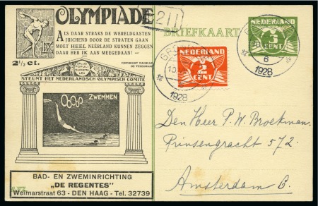 Stamp of Olympics » 1928 Amsterdam » Huygens Postal Stationery Cards (ordered by Series number) 1928 Amsterdam 5c official postal stationery card by Huygens depicting Swimming with "DE REGENTES" advert used