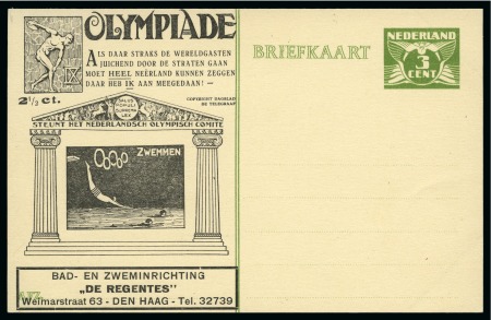 Stamp of Olympics » 1928 Amsterdam » Huygens Postal Stationery Cards (ordered by Series number) 1928 Amsterdam 5c official postal stationery card by Huygens depicting Swimming with "DE REGENTES" advert, unused