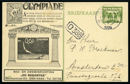 Stamp of Olympics » 1928 Amsterdam » Huygens Postal Stationery Cards (ordered by Series number) 1928 Amsterdam 5c official postal stationery card by Huygens depicting Swimming with "DE REGENTES" advert used
