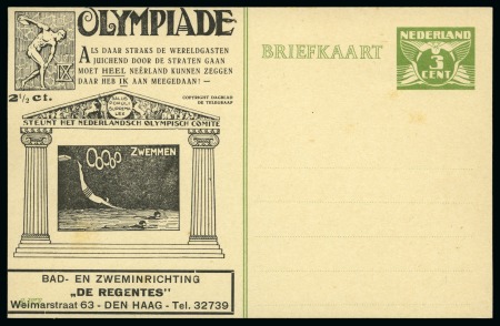 Stamp of Olympics » 1928 Amsterdam » Huygens Postal Stationery Cards (ordered by Series number) 1928 Amsterdam 3c official postal stationery card by Huygens depicting Swimming with "DE REGENTES" advert unused