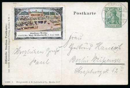 Stamp of Olympics » 1916 Berlin 1913 (Jun 8) 5pf official postal stationery card with "BERLIN / GRUNEWALD / DEUTSCHES / STADION" cds
