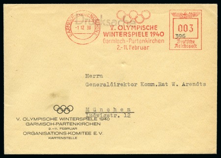 Stamp of Olympics » 1940 Garmisch-Parternkirchen (Cancelled) 1940 Garmisch-Partenkirchen Organising Committee printed envelope with Olympic machine frank
