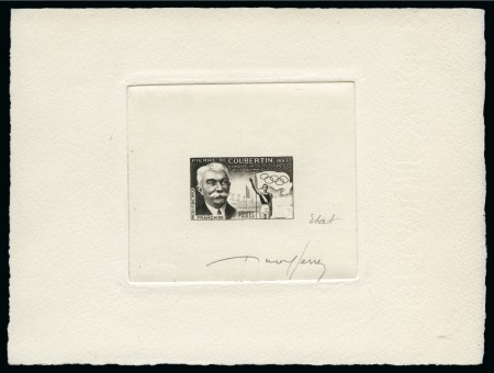 Stamp of Olympics » Pierre de Coubertin and the IOC FRANCE: 1956 30f Pierre de Coubertin proof in black on sunked card with void value