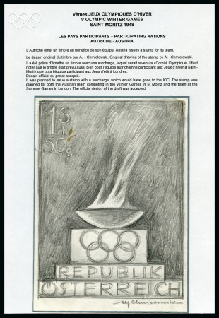 Stamp of Olympics » 1948 St. Moritz AUSTRIA: 1948 1s+50g Olympic Fund Raising Stamp groupc incl. essay, colour trial, imperf. proof, etc.