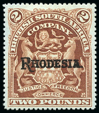 Stamp of Rhodesia 1909-12 £2 Rosy Brown on blued paper mint og, very fine