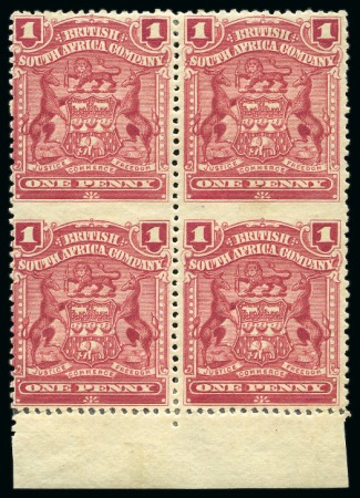 Stamp of Rhodesia 1898-1908 1d Rose IMPERF. BETWEEN HORIZONTALLY in mint block of four