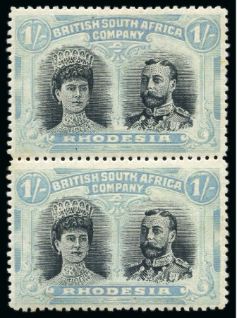Stamp of Rhodesia 1910-13 Double Head 1s black & pale blue mint vertical pair from the "no gash" plate