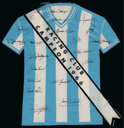 Stamp of Thematics » Sport and Games » Football ARGENTINA: Five items incl. fabric in the shape of the Racing Club shirt signed
