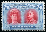 Stamp of Rhodesia 1910-13 Double Heads 7s6d carmine and pale blue mint with variety "gash in ear"