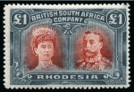 Stamp of Rhodesia 1910-13 Double Heads £1 red and black perf.15 mint, extremely rare