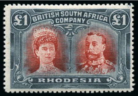 Stamp of Rhodesia 1910-13 Double Heads £1 red and black perf.15 mint, extremely rare