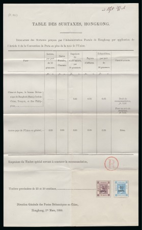 Stamp of Hong Kong 1880 Document headed "Tables des Surtaxes, Hongkong." with 1880 5c on 18c and 10c on 12c affixed