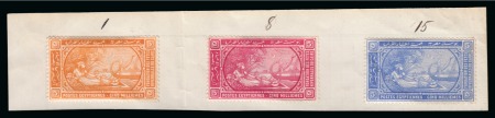 Stamp of Egypt » Commemoratives 1895 Winter Festivals Foundation colour trials set of three issued colours on 5m values, each partly affixed to piece with ms numbers above, very fine and unique set.  Note: This piece was originally from the same Append