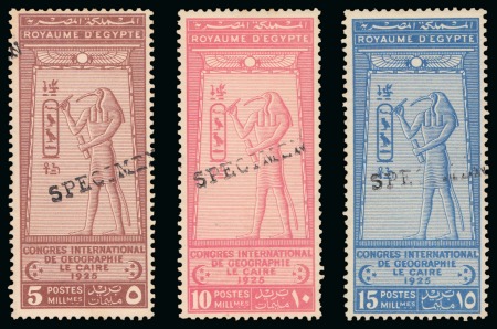 Stamp of Egypt » Commemoratives 1925 International Geographical Congress complete set of three (from the first printing) with SPECIMEN overprints