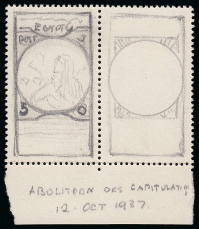 Stamp of Egypt » Commemoratives 1937 Abolition of Capitulations at the Montreux Conference pair of hand-drawn essays for the adopted design on a piece of perforated card