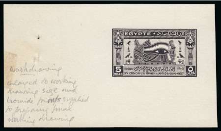 Stamp of Egypt » Commemoratives 1937 15th Ophthalmological Congress 5m printed proof with artist's wash colour hand drawing, stamp-size on card (98x57mm) with artist's notes adjacent
