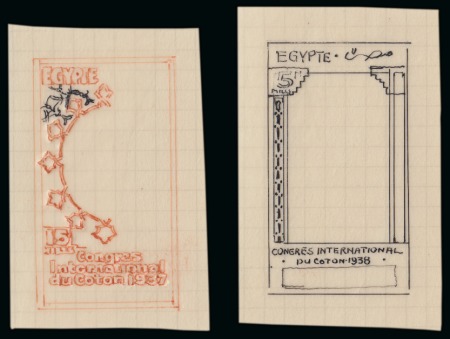 Stamp of Egypt » Commemoratives 1938 18th International Cotton Congress pair of hand-drawn essays of the frame on tracing paper, one in black and one in orange