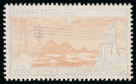 Stamp of Egypt » Commemoratives 1938 International Telecommunications Conference pencil and hand-painted essay for an unadopted design on perforated carton paper, very fine and unique (Nile Post E465)