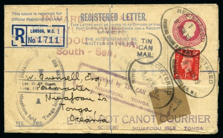 Stamp of Great Britain » King George VI 1939 (Jun 9) KGV registered envelope sent to Tonga with Tin Can Mail cachets