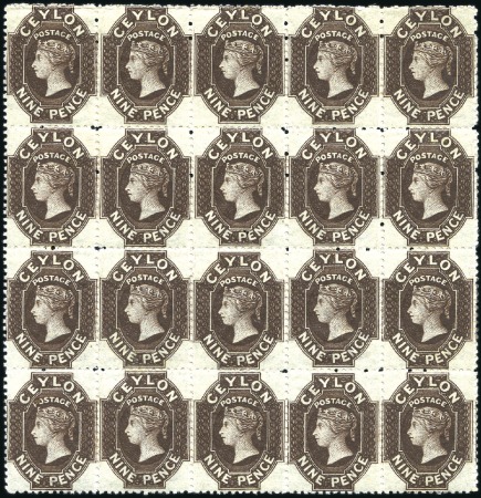 Stamp of Ceylon 1867-70 9d Blackish Brown in mint block of 20, par
