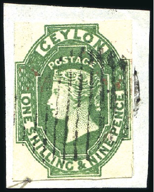 Stamp of Ceylon 1857-59 1s9d Green used on small piece, just touch