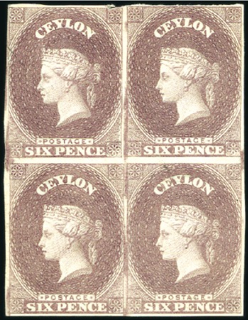 Stamp of Ceylon 1857-59 6d plate proof in purple-brown, state 1, i