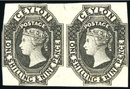 Stamp of Ceylon 1857-59 1s9d plate proof pair in black, touched at