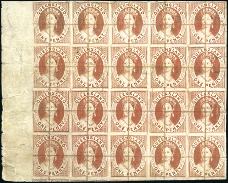 Stamp of Australia » Queensland 1862-67 1d Indian Red imperforate block of 20 with