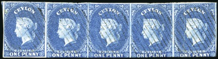 Stamp of Ceylon 1857-59 1d Blue used strip of five, four stamps to