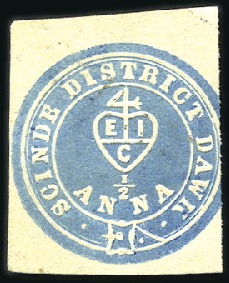 Stamp of India 1852 "Scinde Dawk" 1/2a blue, cut into at right, f