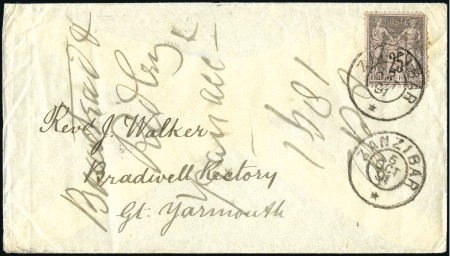 Stamp of Zanzibar » The French Post Office (1889-1904) 1891 (Oct 5) Envelope addressed to Rev. J. Walker,