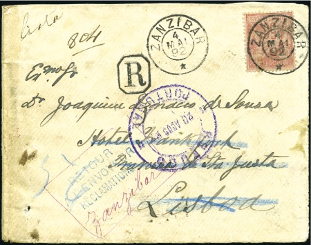 Stamp of Zanzibar » The French Post Office (1889-1904) 1892 (May 4) Envelope sent registered to Portugal 