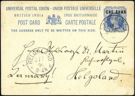 Stamp of Zanzibar » Destination Mail HELIGOLAND: 1896 (Jun 10) India 1a on 1 1/2a posta