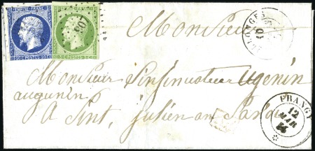 Stamp of France 1856 5c vert + 20c bleu Empire ND sur lettre de Co