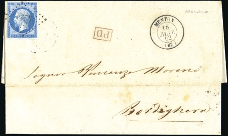 Stamp of France 1862 20c bleu Empire ND sur lettre de Menton 18.01